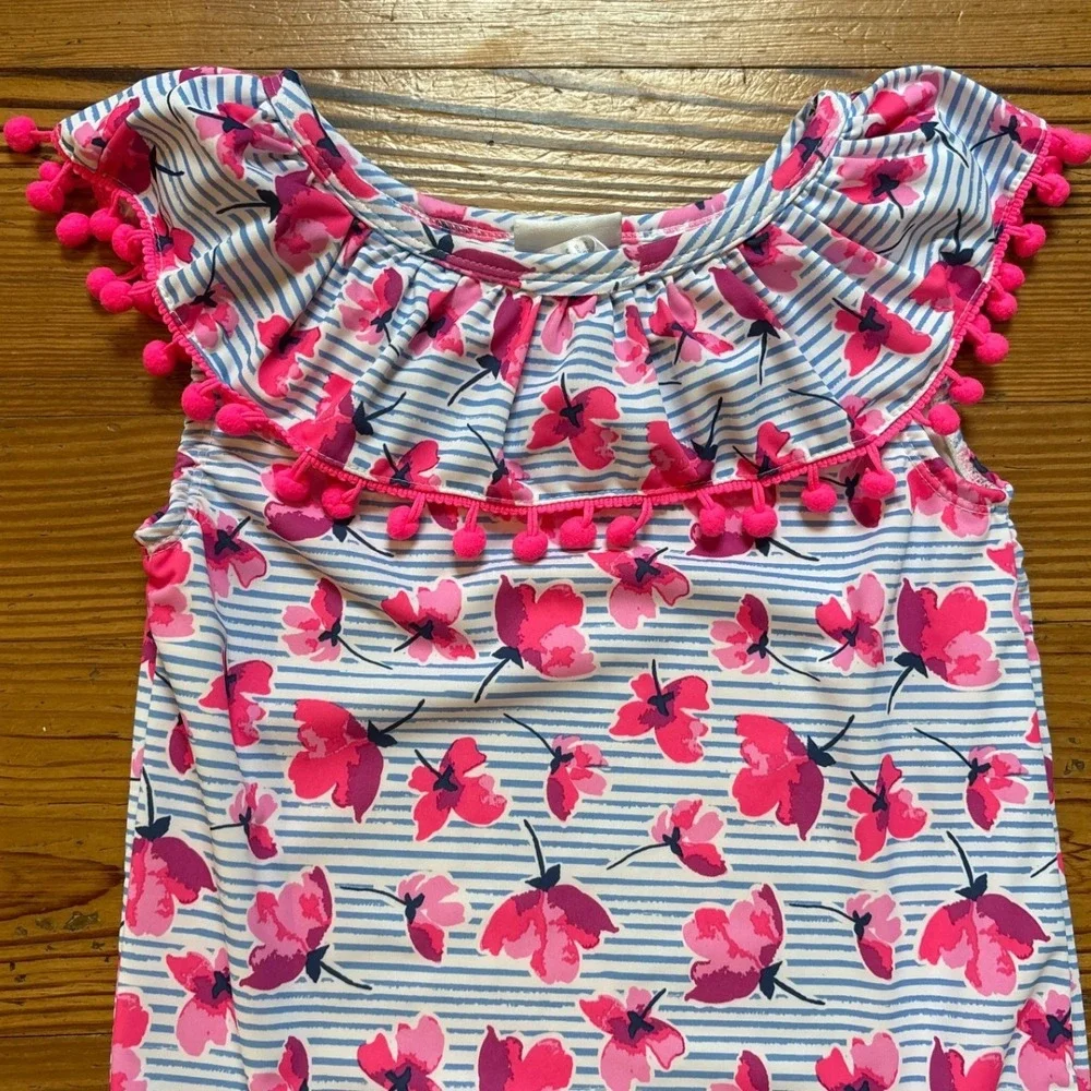Nicole Miller Swimsuit Kids Blue Pink Floral Pom Pom Striped One Piece SIZE 12‎ - Picture 3 of 6